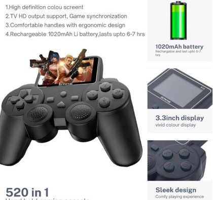 DXP S10 Handheld Game Console for Kids 520 Retro Video Games Classic Rechargeable Console with TV Support Kids Video Game Set Pocket Gamer Experience Includes Mario Game